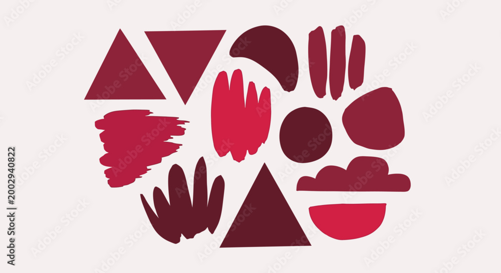 Fototapeta premium Abstract Geometric Shapes and Organic Brush Strokes Set in Deep Red Tones