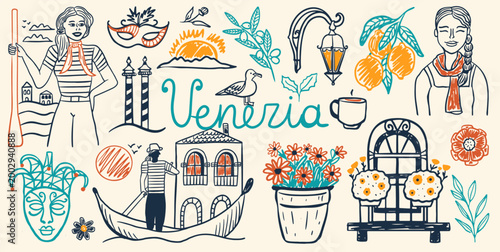 Venice Italy set. Hand-drawn gondola and gondolier, carnival mask, lemon, architecture and flowers. Vector elements in sketch style	