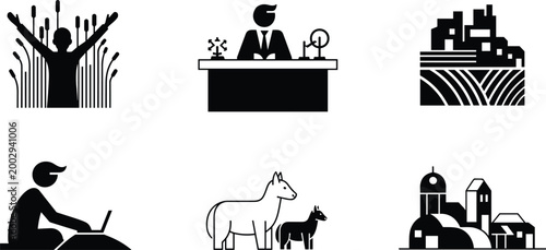 Business Agriculture and Rural Life Silhouette Set with Farmer Office Worker Livestock and Village Icons