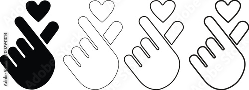 Finger heart symbol icons saranghae hand gesture collection in clean outline and black silhouette vector style