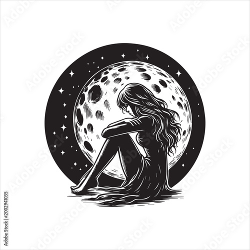 Vector illustration of a woman sitting in front of a large moon with stars, in a black and white design on a white background.