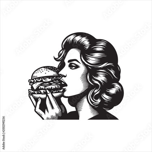 A woman with wavy hair holding a large burger to her face in a black and white vector illustration with a clean white background.