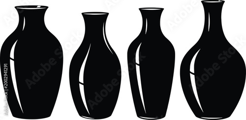 Four elegant black ceramic vases with smooth curved shapes displayed in a clean artistic vector style
