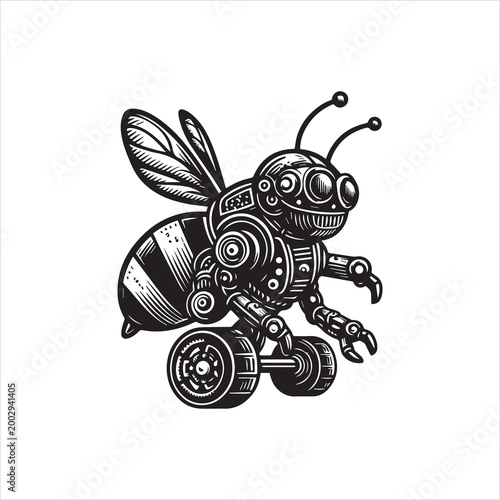 A robotic bee with a vector illustration design featuring a logo and logos on a white background with black lines and industrial elements.