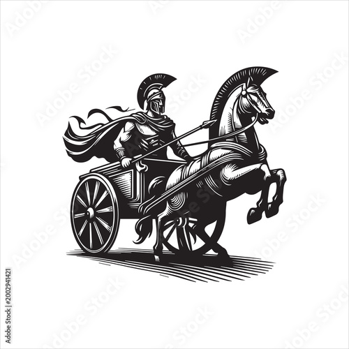 A black and white illustration of a warrior in ancient armor riding a horse-drawn chariot with a logo design on a plain white background.