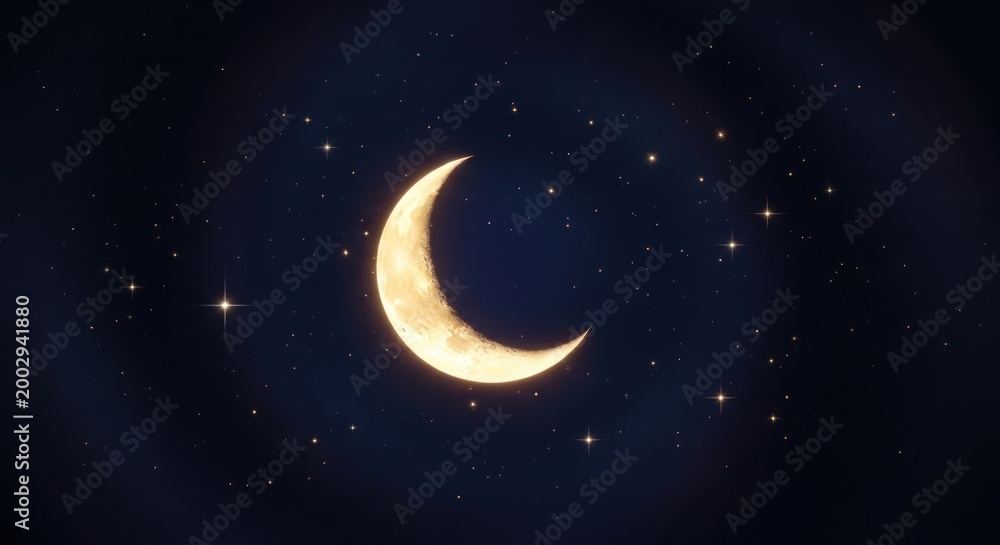 Naklejka premium Golden Crescent Moon and Sparkling Stars in Dark Night Sky
