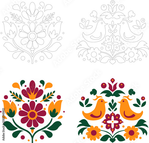 Two ornamental designs in line and color. Coloring page. Folk-style ornaments with decorative stylized floral elements and birds. A set of hand-drawn vector symbols.