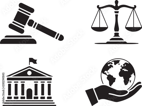 Justice and law symbols including gavel scales of justice courthouse and globe in hand for legal system and global affairs concepts.