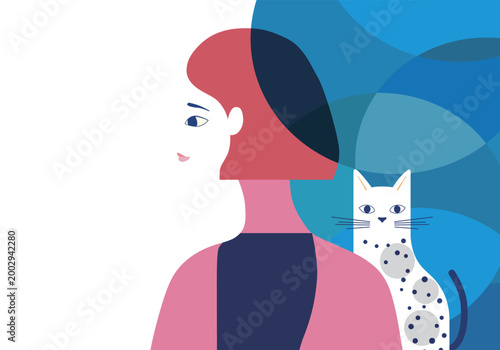 考える女性と見守る猫の静かなアートイラスト