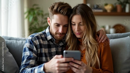 Happy couple using smartphone together.