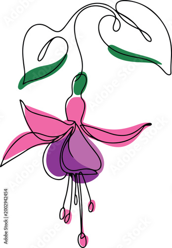 A single line drawing of a vibrant fuchsia flower with delicate petals and green leaves, showcasing a minimalist botanical illustration