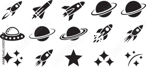 Set of black space rocket icons and planet silhouettes for cosmic exploration projects isolated on transparent grid background.