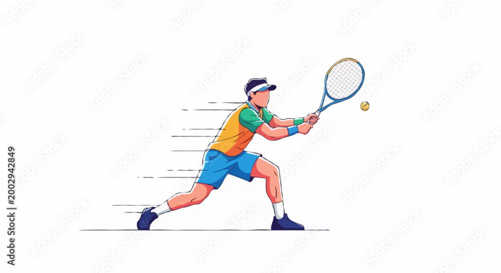 Fototapeta premium A dynamic illustration of a male tennis player in mid-swing, hitting a tennis ball. He is wearing athletic attire, a cap, and appears focused on the game, with motion lines indicating speed