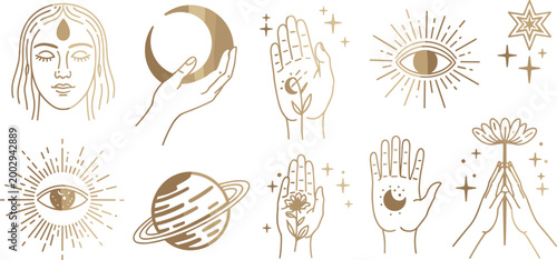 Golden celestial and mystical hand-drawn icons symbol