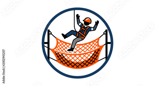 Man in harness on safety net.