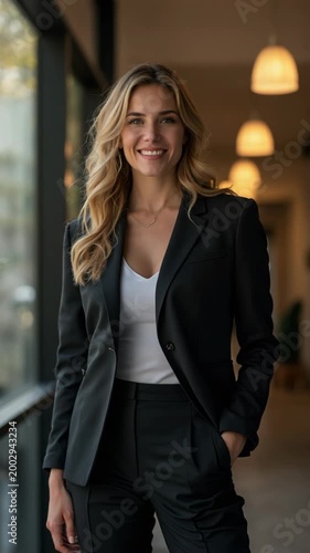 Portrait of a smiling young businesswoman in a smart suit standing in a modern office interior. Natural light and professional attire emphasize success and confidence in the workplace.