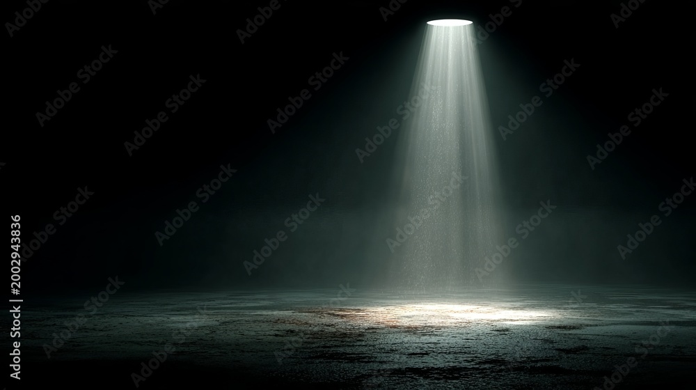 Obraz premium Floating dust particles illuminated by a single light in a dark environment, dramatic minimal lighting, atmospheric soft glow, mysterious cinematic scene