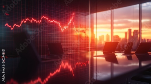Conference room with laptops and red stock market graph at sunset overlooking city skyline