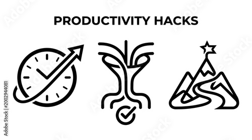 Productivity Hacks - Time Management, Focus, and Goal Achievement Icons.