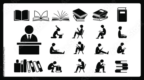 Silhouette icons of books, students, podium speaker, and academic symbols representing education, study, and learning concepts