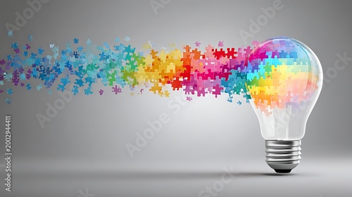 Colorful confetti floating inside a clear glass light bulb against a gray background
