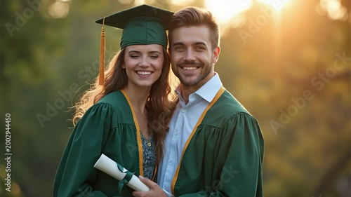Two smiling young adults in green graduation attire celebrating achievement outdoors with diploma in hand. Perfect for academic success concepts, education campaigns, and graduation card designs.