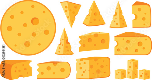Set of 12 Cheese Vector Illustrations Including Different Shapes, Pieces, and Holes for Food, Cooking, and Dairy Industry Designs