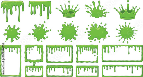 Fotografie Green slime drips and splashes collection set with goo frames borders splat elem