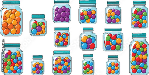 Set of Colorful Candy Jars with Assorted Bright Balls in Different Sizes for Candy Store, Sweet Shop, and Food Packaging Designs