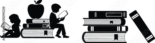Children reading books with apple and stacked books symbolizing education, study, and knowledge on white background