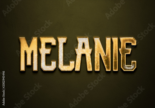 Old gold text effect of name Melanie with 3D glossy style Mockup.