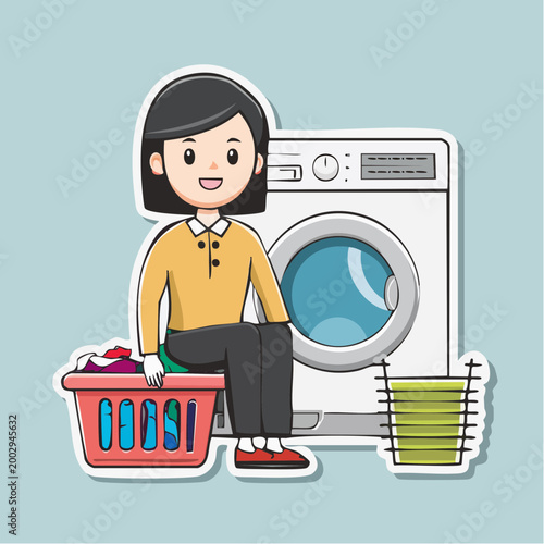 Woman sitting by washing machine with laundry basket