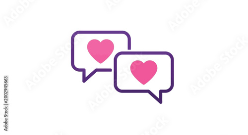 A simplistic vector graphic illustration depicts two overlapping speech bubbles containing vibrant pink hearts, symbolizing communication of affection, love, or positive engagement within digital plat