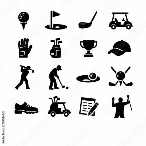 Golf icons representing the sport including a ball, club, flag, cart, glove, trophy, cap, shoe, and player in action silhouette, perfect for sports graphics