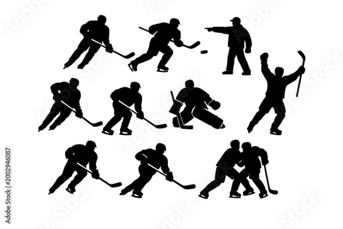 Set of nine dynamic black and white silhouette illustrations depicting various actions and poses associated with the sport of ice hockey players in motion