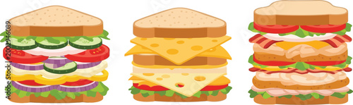 Three diverse stacked sandwiches featuring fresh ingredients like lettuce tomato onion cucumber cheese and meat presented with clean lines and vibrant colors on a plain white background