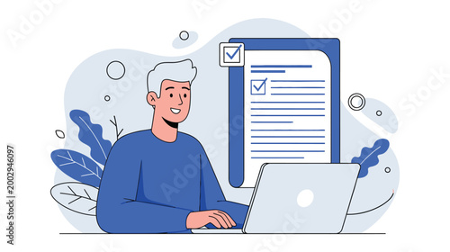 Online Survey and Task Management Concept with Man Using Laptop