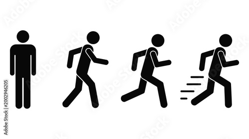 Human Walk to Run Sequence Stick Figure Silhouette Icon Set