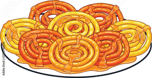 Golden and amber spiral shaped fried dough pastries drenched in sweet syrup artfully arranged on a white plate glistening with a syrupy glaze representing delicious traditional dessert