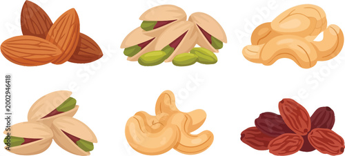 Assortment of healthy snacks including almonds pistachios cashews and raisins arranged in six distinct clusters on a clean white background representing wholesome ingredients for nutrition