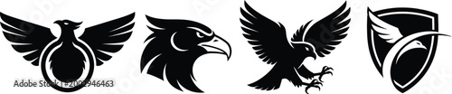 Eagle and Falcon Bird Silhouette Logo Icon Set with Shield
