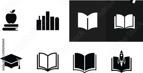 Collection of education and learning icons including books, apple, graduation cap, and rocket symbol of knowledge growth