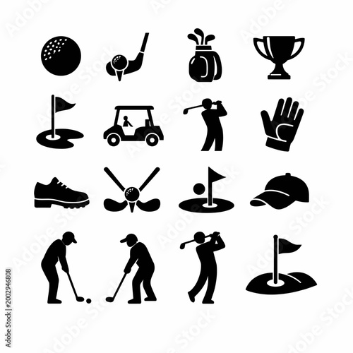 Golfing icons representing golf clubs, balls, courses, attire, golf cart, trophy, and flag, perfect for sports and leisure content creation