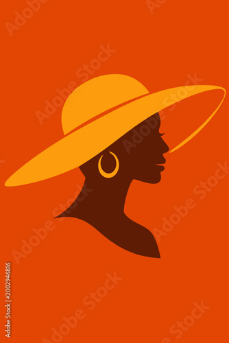 Elegant woman in a wide-brimmed hat, profile view, showcasing a timeless style and sophisticated silhouette against a vibrant, solid background