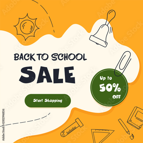 Square vector back to school sale banner with hand drawn doodle elements including bell, ruler, pencil and notebook. Promotional layout with discount badge and call to action button.