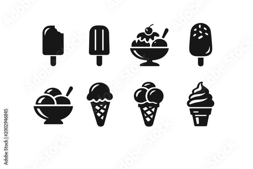 Collection of ice cream icons and illustrations in various forms, including cones, bowls, and popsicles, representing sweet frozen desserts