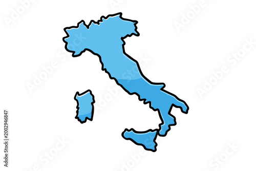 Map of Italy outline in bright blue with a dark outline, representing the country's geographic shape and borders on a white background with a subtle shadow effect