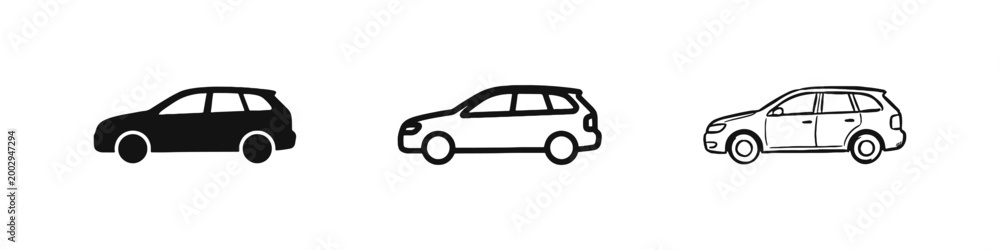 Naklejka premium Car Side Profile Icon Set - Solid, Outline, and Hand-Drawn Sketch Styles