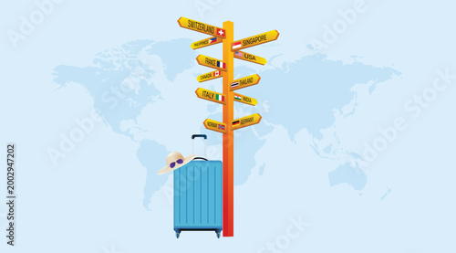 Foto Travel vacation concept with suitcase signpost and global destinations on world