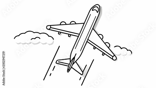 Minimalist line art illustration of an airplane flying over a runway and clouds, simple black and white vector style sketch for travel and aviation concepts